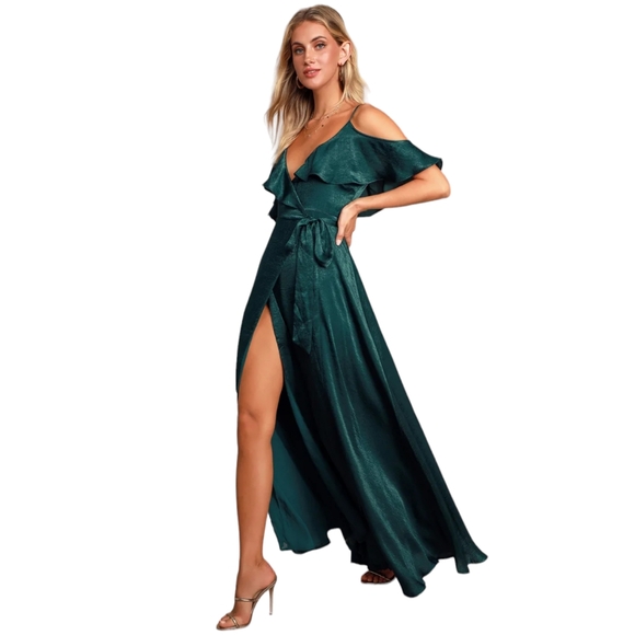 Lulus Moriah Emerald Green Satin Wrap Maxi Dress Medium - Picture 2 of 7